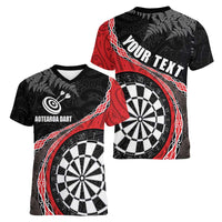 Personalised New Zealand Darts Women V-Neck T-Shirt Koru Tribal Tattoo and Silver Fern Maori Pattern Red Color LT03 - Polynesian Pride
