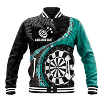 Personalised New Zealand Darts Baseball Jacket Koru Tribal Tattoo and Silver Fern Maori Pattern Teal Color LT03 Unisex Teal - Polynesian Pride