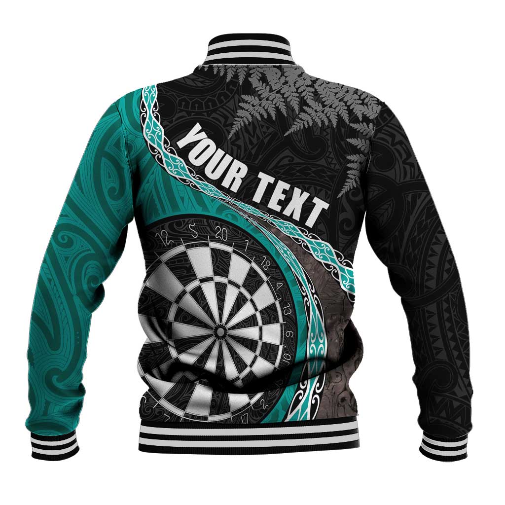Personalised New Zealand Darts Baseball Jacket Koru Tribal Tattoo and Silver Fern Maori Pattern Teal Color LT03 - Polynesian Pride
