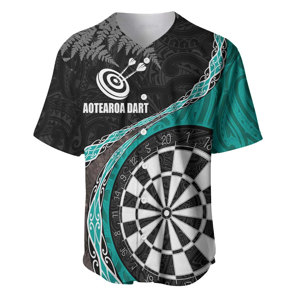 Personalised New Zealand Darts Baseball Jersey Koru Tribal Tattoo and Silver Fern Maori Pattern Teal Color LT03 Teal - Polynesian Pride