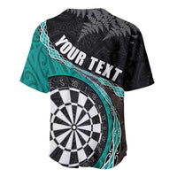 Personalised New Zealand Darts Baseball Jersey Koru Tribal Tattoo and Silver Fern Maori Pattern Teal Color LT03 - Polynesian Pride