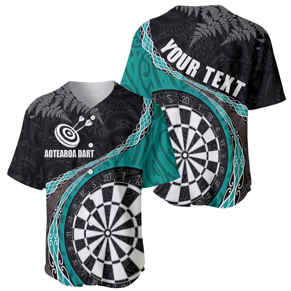 Personalised New Zealand Darts Baseball Jersey Koru Tribal Tattoo and Silver Fern Maori Pattern Teal Color LT03 - Polynesian Pride