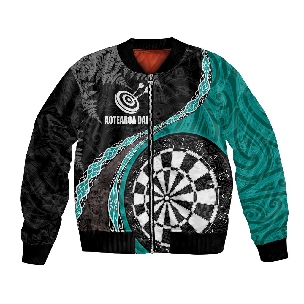 Personalised New Zealand Darts Bomber Jacket Koru Tribal Tattoo and Silver Fern Maori Pattern Teal Color LT03 Unisex Teal - Polynesian Pride