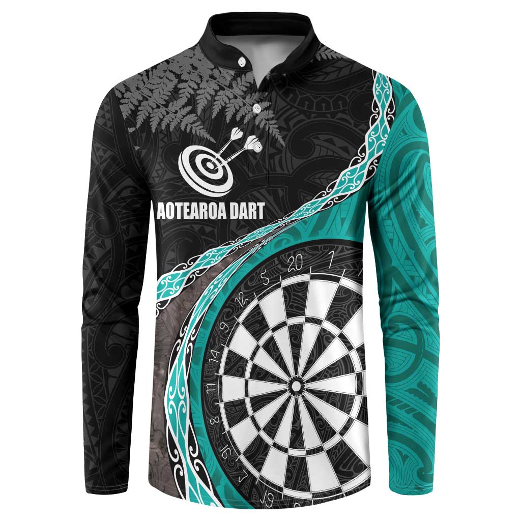 Personalised New Zealand Darts Button Sweatshirt Koru Tribal Tattoo and Silver Fern Maori Pattern Teal Color LT03 Teal - Polynesian Pride