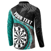 Personalised New Zealand Darts Button Sweatshirt Koru Tribal Tattoo and Silver Fern Maori Pattern Teal Color LT03 - Polynesian Pride