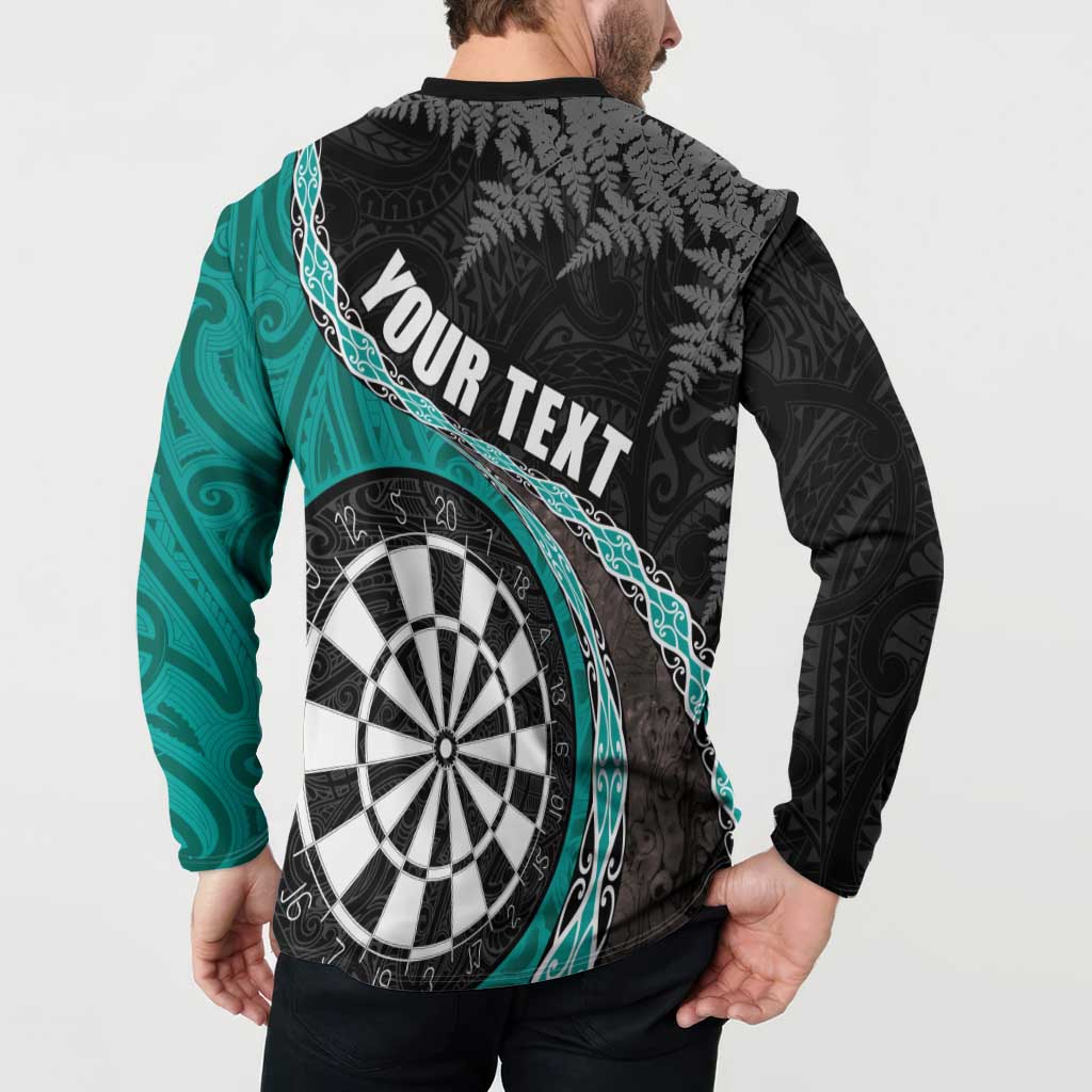 Personalised New Zealand Darts Button Sweatshirt Koru Tribal Tattoo and Silver Fern Maori Pattern Teal Color LT03 - Polynesian Pride