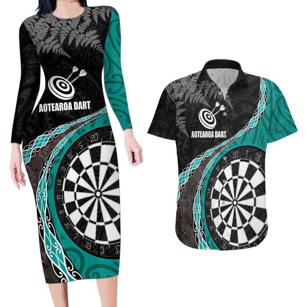 Personalised New Zealand Darts Couples Matching Long Sleeve Bodycon Dress and Hawaiian Shirt Koru Tribal Tattoo and Silver Fern Maori Pattern Teal Color LT03 Teal - Polynesian Pride