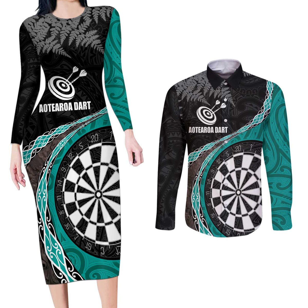 Personalised New Zealand Darts Couples Matching Long Sleeve Bodycon Dress and Long Sleeve Button Shirt Koru Tribal Tattoo and Silver Fern Maori Pattern Teal Color LT03 Teal - Polynesian Pride