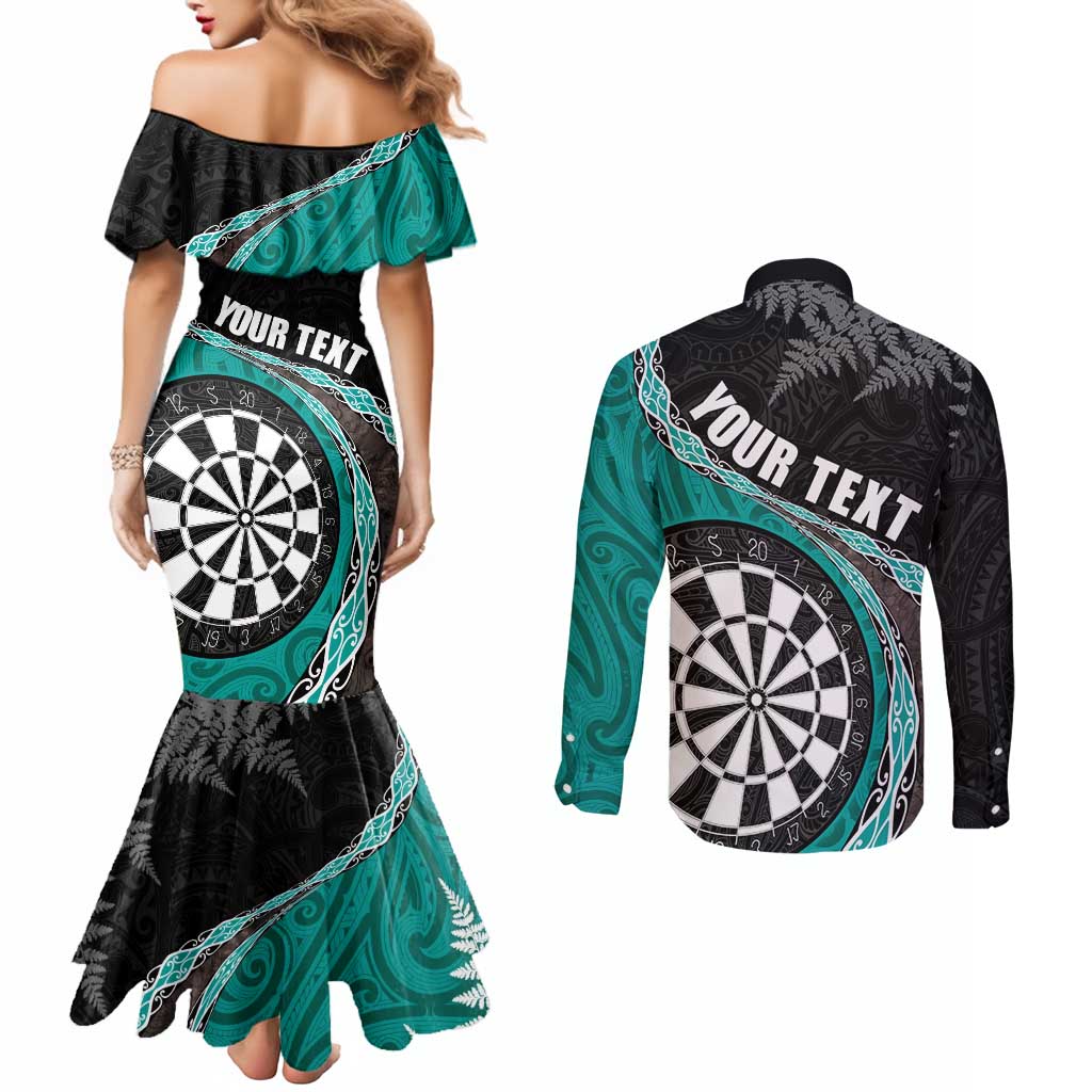 Personalised New Zealand Darts Couples Matching Mermaid Dress and Long Sleeve Button Shirt Koru Tribal Tattoo and Silver Fern Maori Pattern Teal Color LT03 - Polynesian Pride
