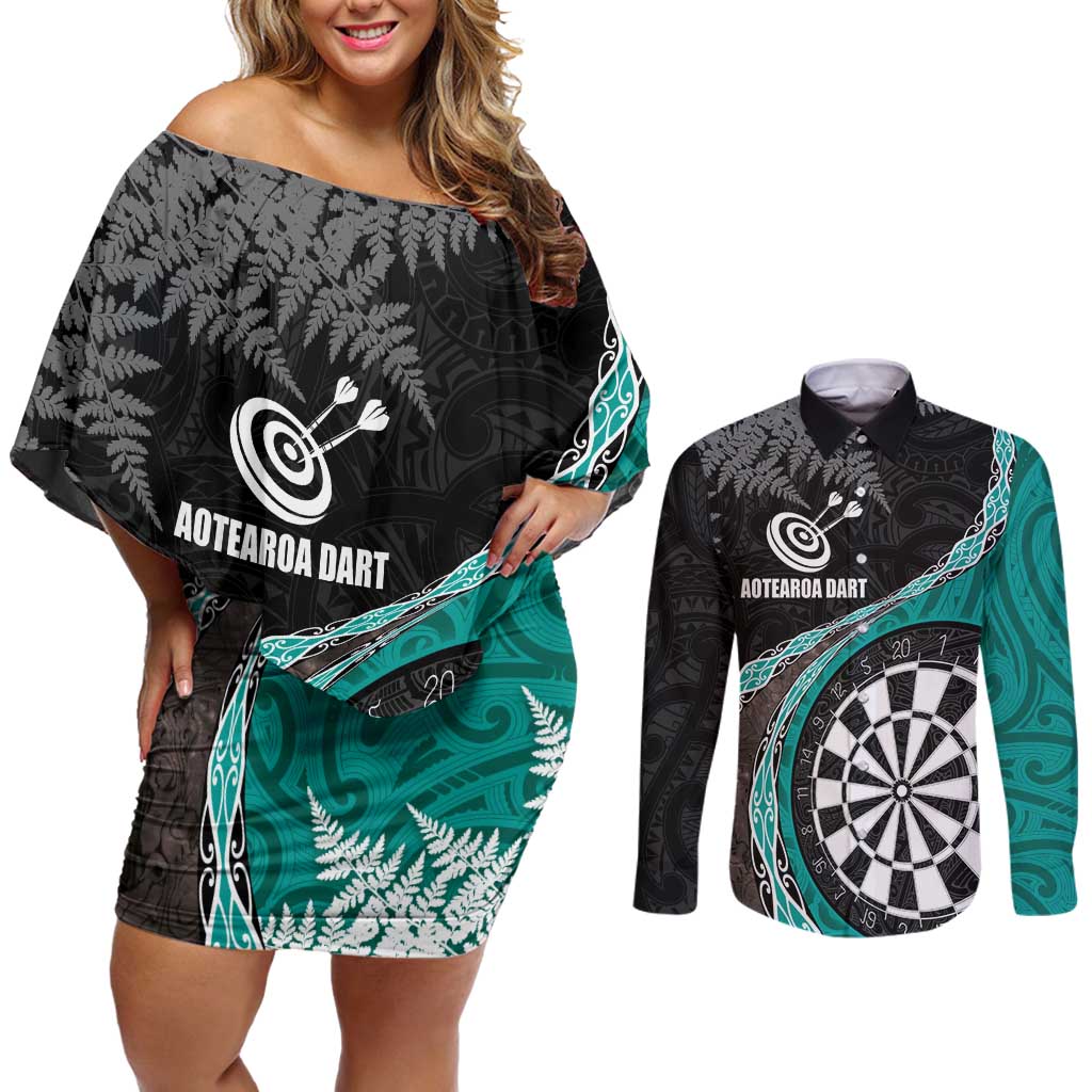 Personalised New Zealand Darts Couples Matching Off Shoulder Short Dress and Long Sleeve Button Shirt Koru Tribal Tattoo and Silver Fern Maori Pattern Teal Color LT03 Teal - Polynesian Pride
