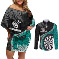 Personalised New Zealand Darts Couples Matching Off Shoulder Short Dress and Long Sleeve Button Shirt Koru Tribal Tattoo and Silver Fern Maori Pattern Teal Color LT03 Teal - Polynesian Pride