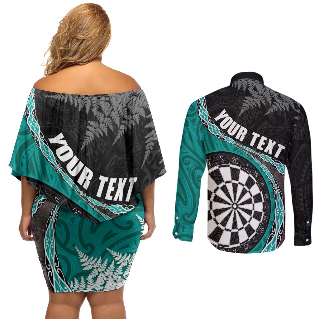 Personalised New Zealand Darts Couples Matching Off Shoulder Short Dress and Long Sleeve Button Shirt Koru Tribal Tattoo and Silver Fern Maori Pattern Teal Color LT03 - Polynesian Pride