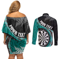 Personalised New Zealand Darts Couples Matching Off Shoulder Short Dress and Long Sleeve Button Shirt Koru Tribal Tattoo and Silver Fern Maori Pattern Teal Color LT03 - Polynesian Pride