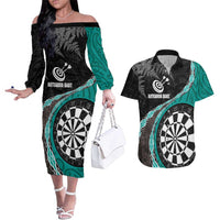 Personalised New Zealand Darts Couples Matching Off The Shoulder Long Sleeve Dress and Hawaiian Shirt Koru Tribal Tattoo and Silver Fern Maori Pattern Teal Color LT03 Teal - Polynesian Pride