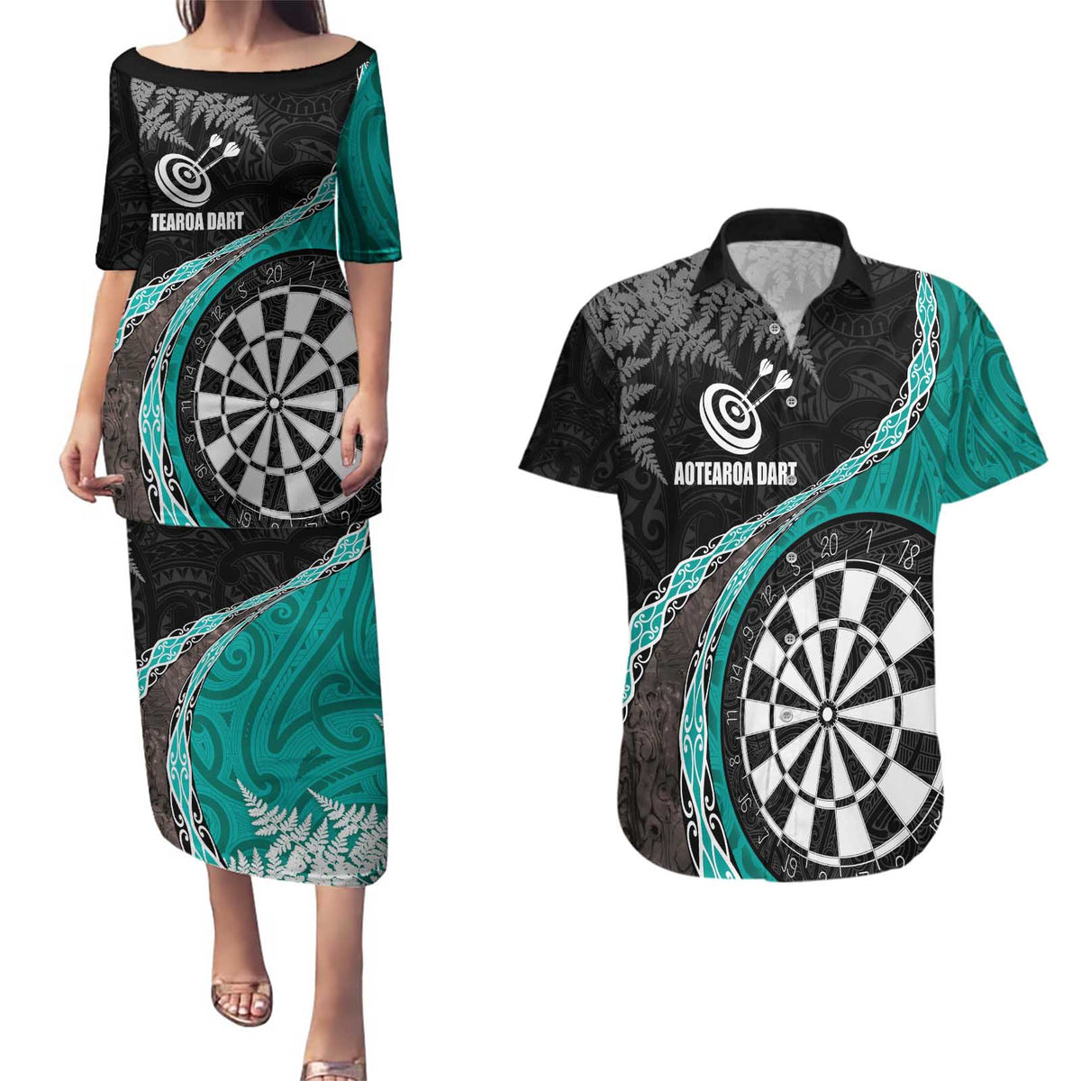 Personalised New Zealand Darts Couples Matching Puletasi and Hawaiian Shirt Koru Tribal Tattoo and Silver Fern Maori Pattern Teal Color LT03 Teal - Polynesian Pride