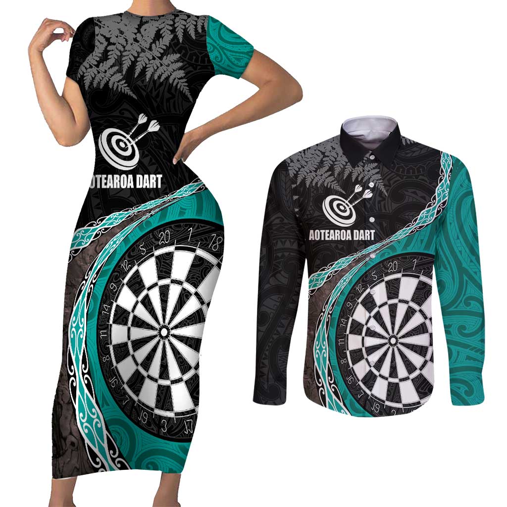 Personalised New Zealand Darts Couples Matching Short Sleeve Bodycon Dress and Long Sleeve Button Shirt Koru Tribal Tattoo and Silver Fern Maori Pattern Teal Color LT03 Teal - Polynesian Pride