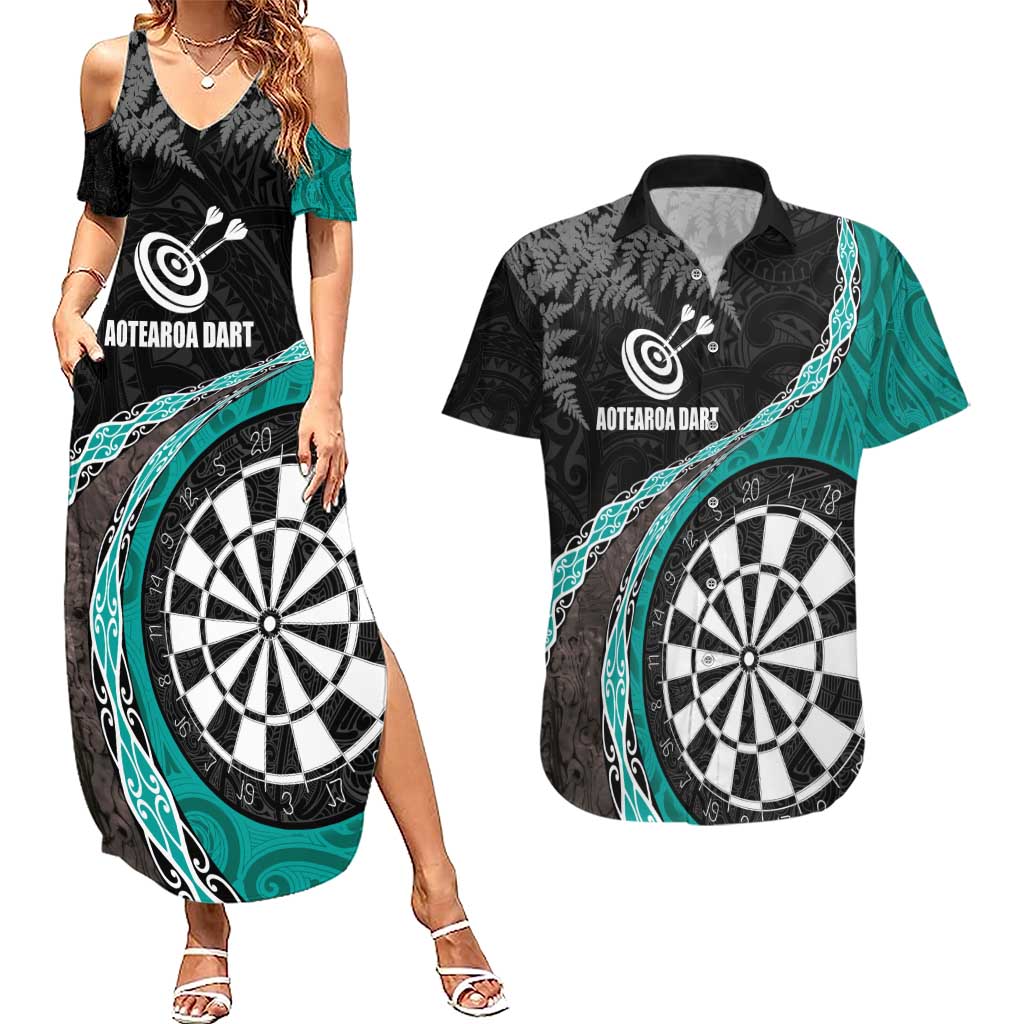 Personalised New Zealand Darts Couples Matching Summer Maxi Dress and Hawaiian Shirt Koru Tribal Tattoo and Silver Fern Maori Pattern Teal Color LT03 Teal - Polynesian Pride