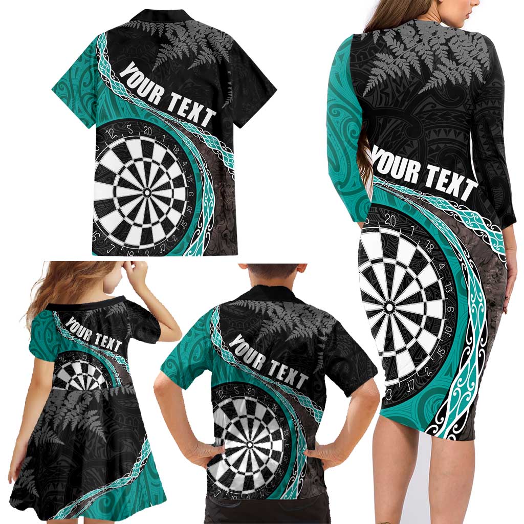 Personalised New Zealand Darts Family Matching Long Sleeve Bodycon Dress and Hawaiian Shirt Koru Tribal Tattoo and Silver Fern Maori Pattern Teal Color LT03 - Polynesian Pride