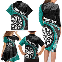 Personalised New Zealand Darts Family Matching Long Sleeve Bodycon Dress and Hawaiian Shirt Koru Tribal Tattoo and Silver Fern Maori Pattern Teal Color LT03 - Polynesian Pride