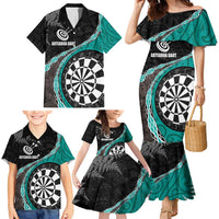 Personalised New Zealand Darts Family Matching Mermaid Dress and Hawaiian Shirt Koru Tribal Tattoo and Silver Fern Maori Pattern Teal Color LT03 - Polynesian Pride
