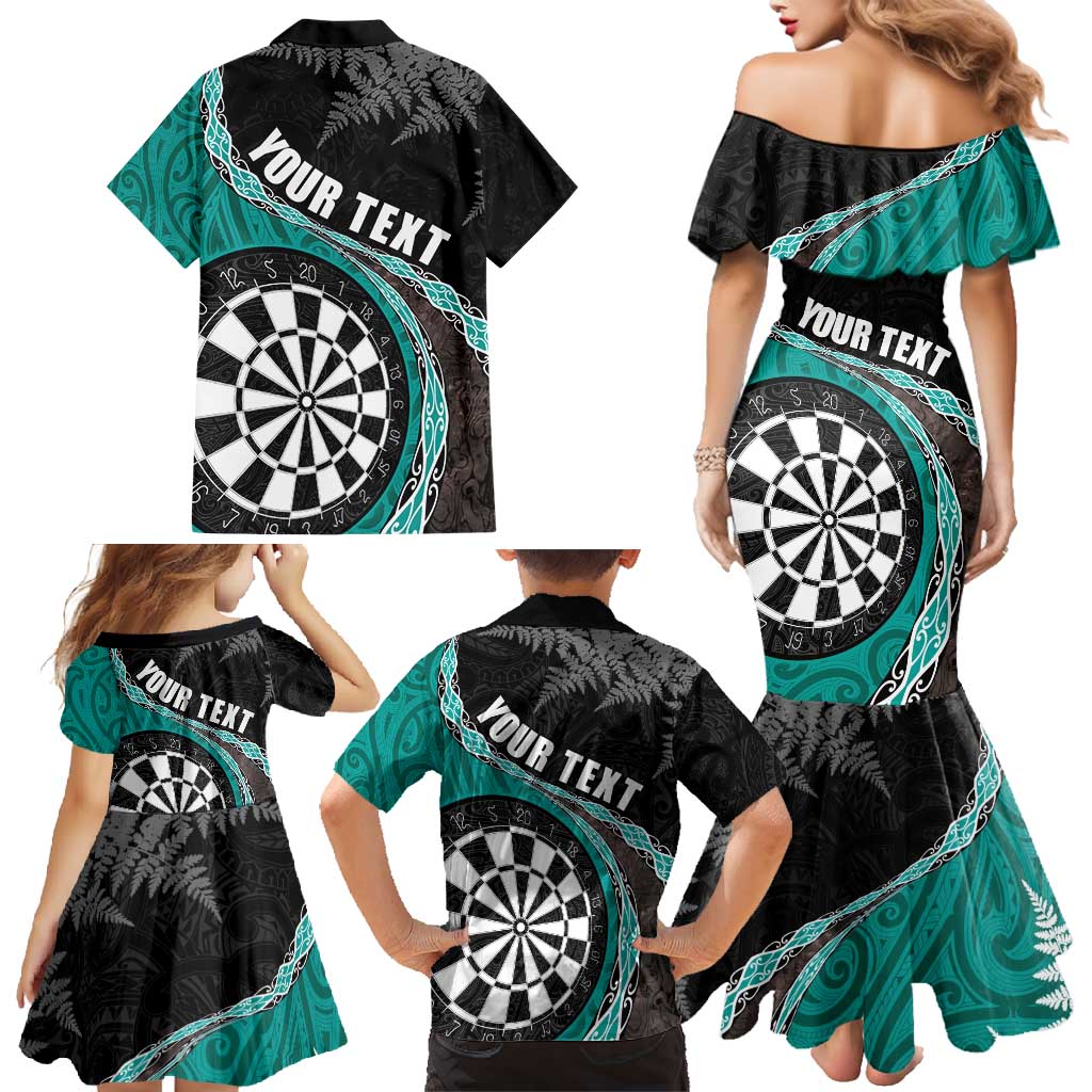 Personalised New Zealand Darts Family Matching Mermaid Dress and Hawaiian Shirt Koru Tribal Tattoo and Silver Fern Maori Pattern Teal Color LT03 - Polynesian Pride