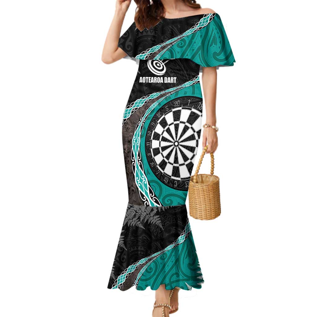 Personalised New Zealand Darts Family Matching Mermaid Dress and Hawaiian Shirt Koru Tribal Tattoo and Silver Fern Maori Pattern Teal Color LT03 Mom's Dress Teal - Polynesian Pride