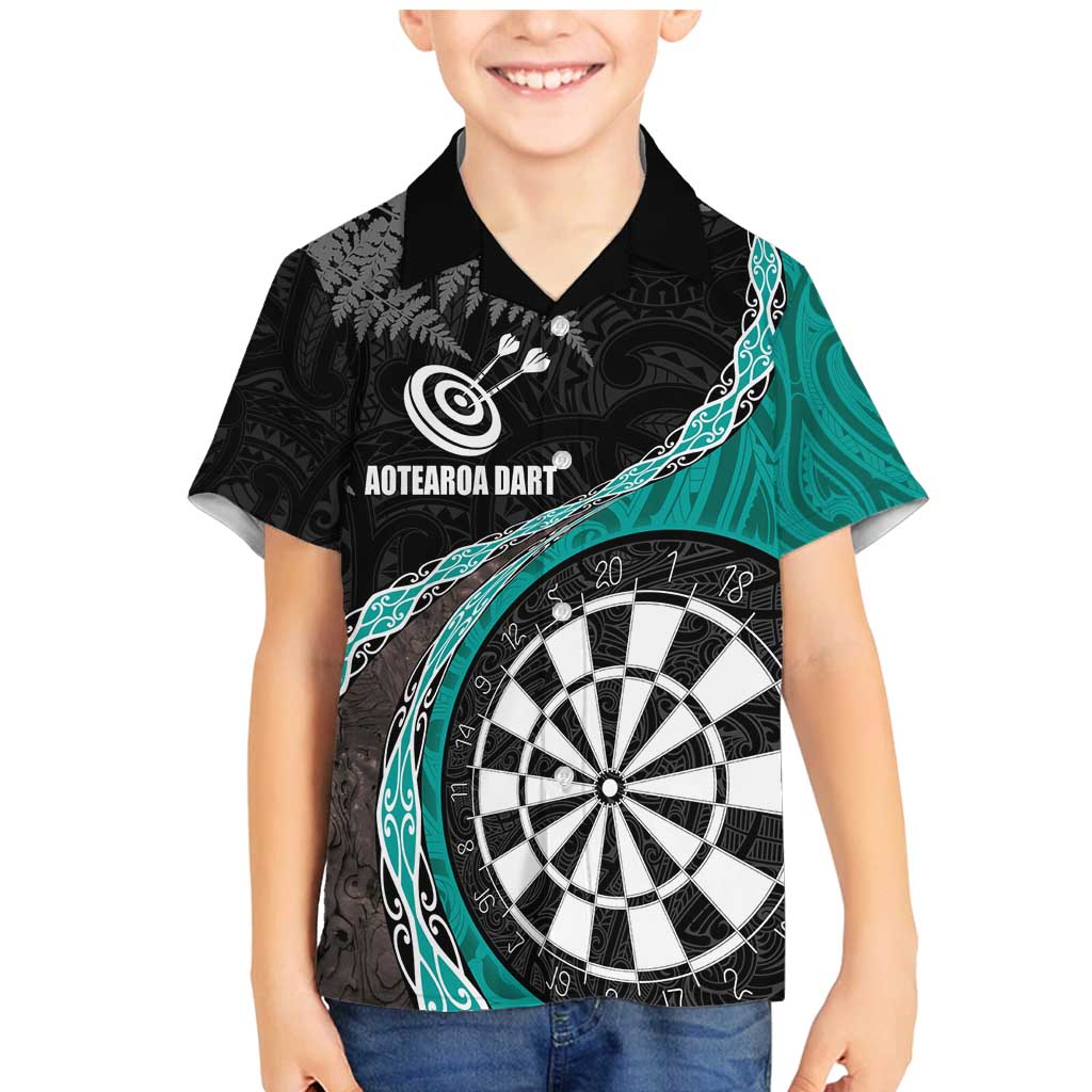 Personalised New Zealand Darts Family Matching Mermaid Dress and Hawaiian Shirt Koru Tribal Tattoo and Silver Fern Maori Pattern Teal Color LT03 Son's Shirt Teal - Polynesian Pride