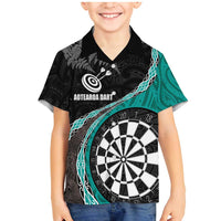 Personalised New Zealand Darts Family Matching Mermaid Dress and Hawaiian Shirt Koru Tribal Tattoo and Silver Fern Maori Pattern Teal Color LT03 Son's Shirt Teal - Polynesian Pride