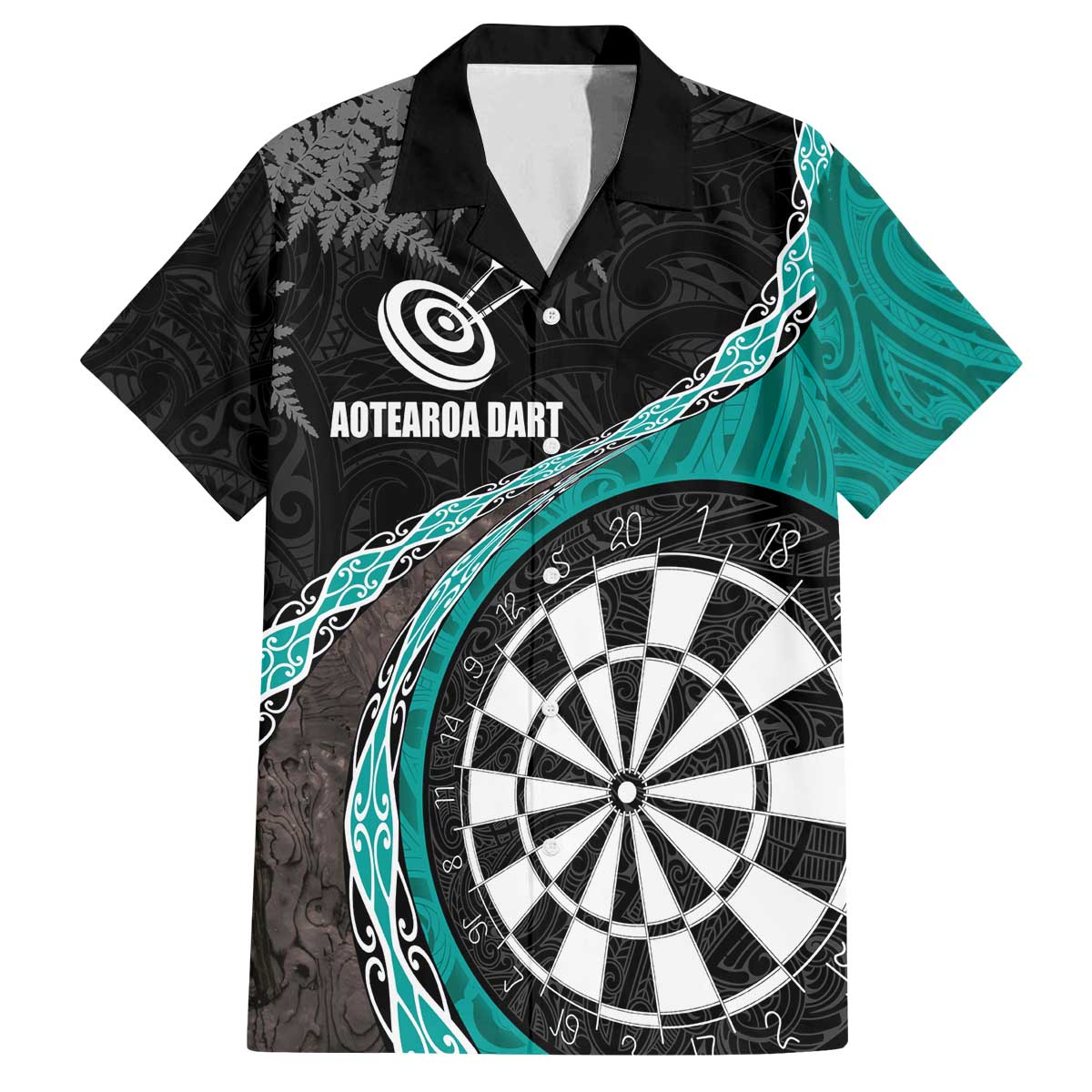 Personalised New Zealand Darts Family Matching Off The Shoulder Long Sleeve Dress and Hawaiian Shirt Koru Tribal Tattoo and Silver Fern Maori Pattern Teal Color LT03 Dad's Shirt - Short Sleeve Teal - Polynesian Pride