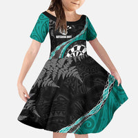 Personalised New Zealand Darts Family Matching Off Shoulder Maxi Dress and Hawaiian Shirt Koru Tribal Tattoo and Silver Fern Maori Pattern Teal Color LT03 Daughter's Dress Teal - Polynesian Pride