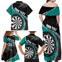 Personalised New Zealand Darts Family Matching Off Shoulder Maxi Dress and Hawaiian Shirt Koru Tribal Tattoo and Silver Fern Maori Pattern Teal Color LT03 - Polynesian Pride