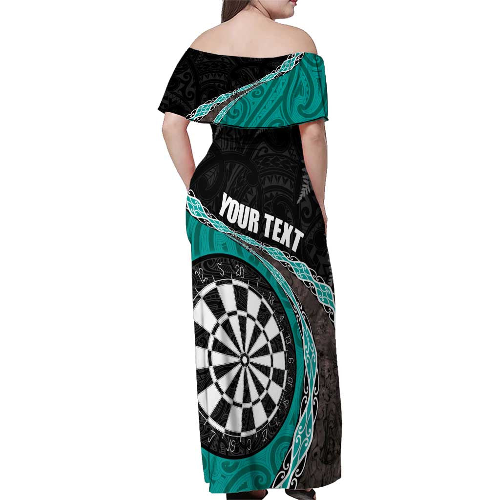Personalised New Zealand Darts Family Matching Off Shoulder Maxi Dress and Hawaiian Shirt Koru Tribal Tattoo and Silver Fern Maori Pattern Teal Color LT03 - Polynesian Pride