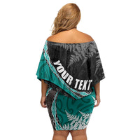 Personalised New Zealand Darts Family Matching Off Shoulder Short Dress and Hawaiian Shirt Koru Tribal Tattoo and Silver Fern Maori Pattern Teal Color LT03 - Polynesian Pride