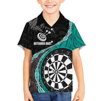 Personalised New Zealand Darts Family Matching Off Shoulder Short Dress and Hawaiian Shirt Koru Tribal Tattoo and Silver Fern Maori Pattern Teal Color LT03 Son's Shirt Teal - Polynesian Pride