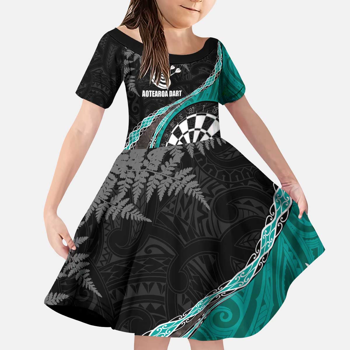 Personalised New Zealand Darts Family Matching Puletasi and Hawaiian Shirt Koru Tribal Tattoo and Silver Fern Maori Pattern Teal Color LT03 Daughter's Dress Teal - Polynesian Pride
