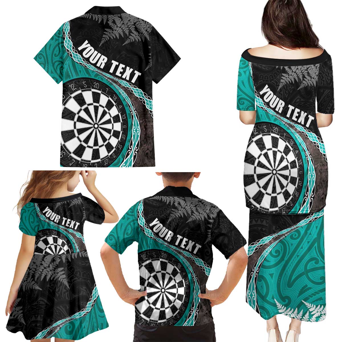 Personalised New Zealand Darts Family Matching Puletasi and Hawaiian Shirt Koru Tribal Tattoo and Silver Fern Maori Pattern Teal Color LT03 - Polynesian Pride