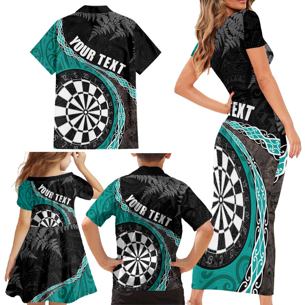 Personalised New Zealand Darts Family Matching Short Sleeve Bodycon Dress and Hawaiian Shirt Koru Tribal Tattoo and Silver Fern Maori Pattern Teal Color LT03 - Polynesian Pride