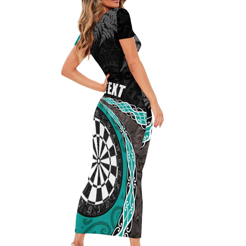 Personalised New Zealand Darts Family Matching Short Sleeve Bodycon Dress and Hawaiian Shirt Koru Tribal Tattoo and Silver Fern Maori Pattern Teal Color LT03 - Polynesian Pride