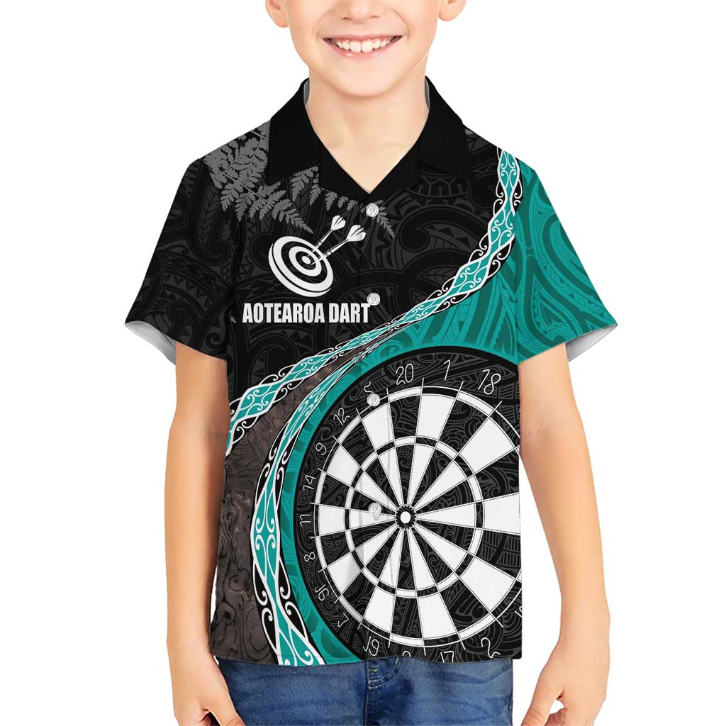 Personalised New Zealand Darts Family Matching Short Sleeve Bodycon Dress and Hawaiian Shirt Koru Tribal Tattoo and Silver Fern Maori Pattern Teal Color LT03 Son's Shirt Teal - Polynesian Pride