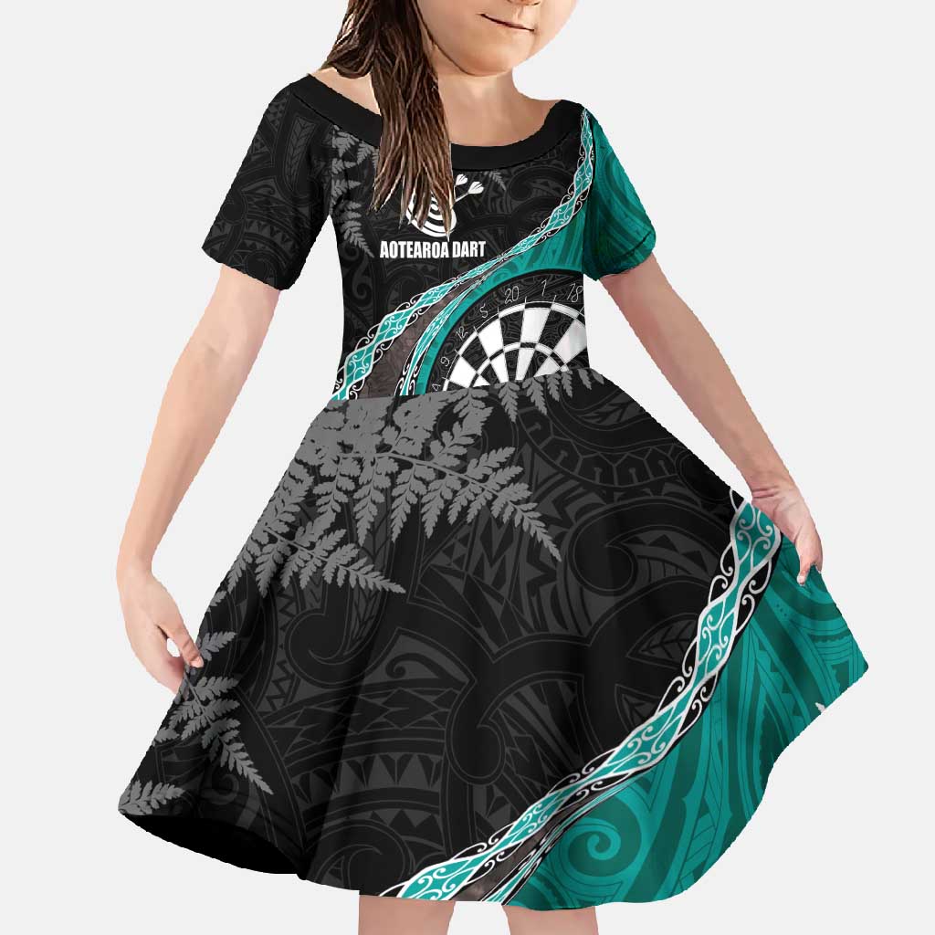 Personalised New Zealand Darts Family Matching Summer Maxi Dress and Hawaiian Shirt Koru Tribal Tattoo and Silver Fern Maori Pattern Teal Color LT03 Daughter's Dress Teal - Polynesian Pride