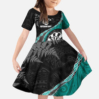 Personalised New Zealand Darts Family Matching Tank Maxi Dress and Hawaiian Shirt Koru Tribal Tattoo and Silver Fern Maori Pattern Teal Color LT03 Daughter's Dress Teal - Polynesian Pride