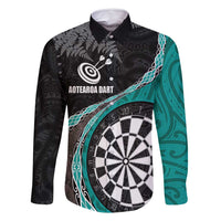 Personalised New Zealand Darts Family Matching Tank Maxi Dress and Hawaiian Shirt Koru Tribal Tattoo and Silver Fern Maori Pattern Teal Color LT03 Dad's Shirt - Long Sleeve Teal - Polynesian Pride