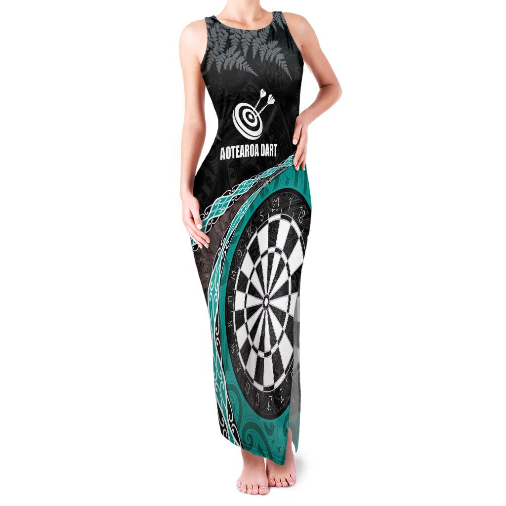 Personalised New Zealand Darts Family Matching Tank Maxi Dress and Hawaiian Shirt Koru Tribal Tattoo and Silver Fern Maori Pattern Teal Color LT03 Mom's Dress Teal - Polynesian Pride