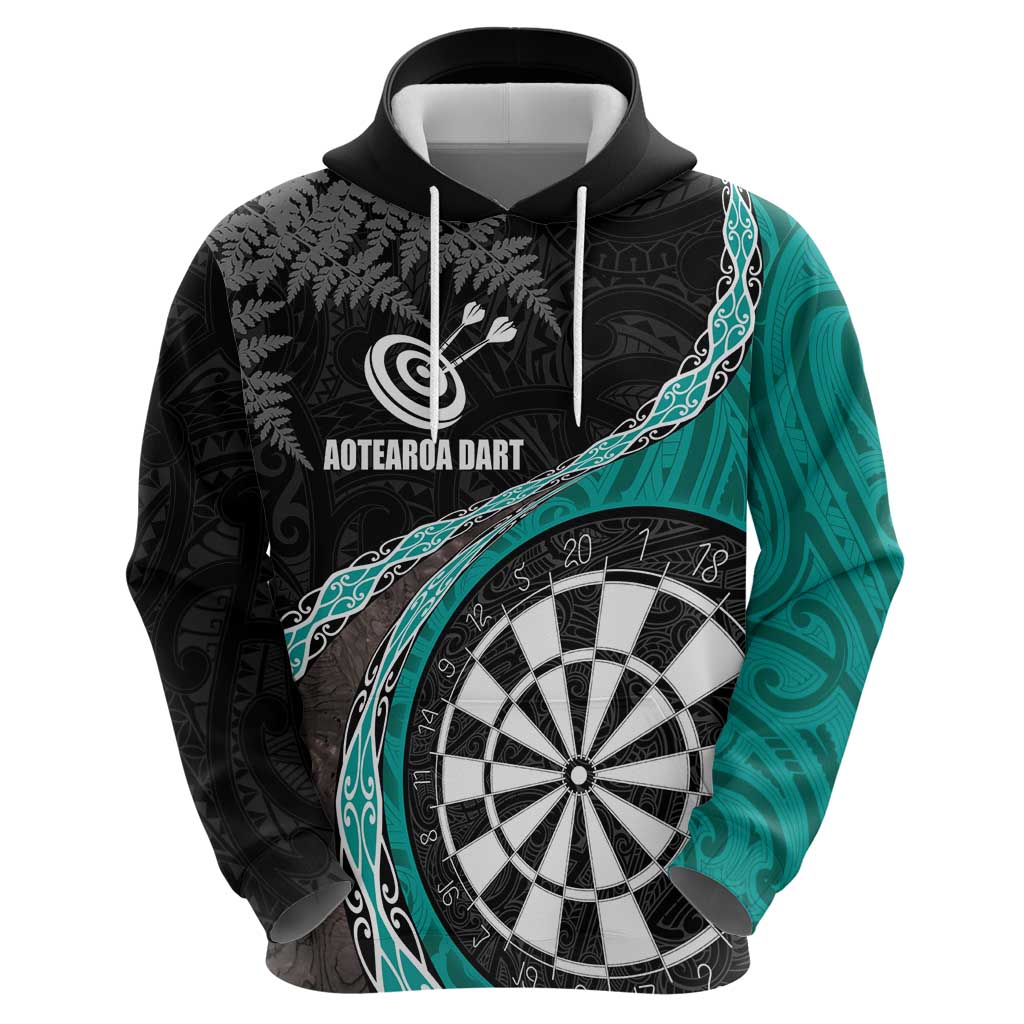Personalised New Zealand Darts Hoodie Koru Tribal Tattoo and Silver Fern Maori Pattern Teal Color LT03 - Polynesian Pride