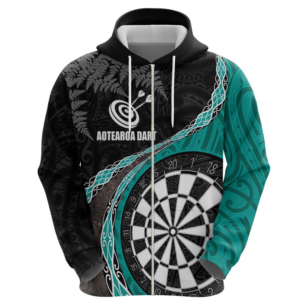 Personalised New Zealand Darts Hoodie Koru Tribal Tattoo and Silver Fern Maori Pattern Teal Color LT03 - Polynesian Pride