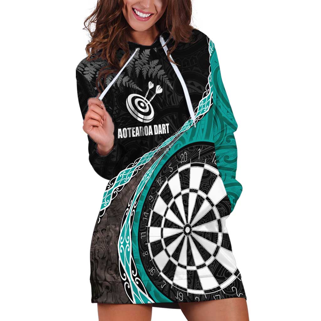 Personalised New Zealand Darts Hoodie Dress Koru Tribal Tattoo and Silver Fern Maori Pattern Teal Color LT03 Teal - Polynesian Pride
