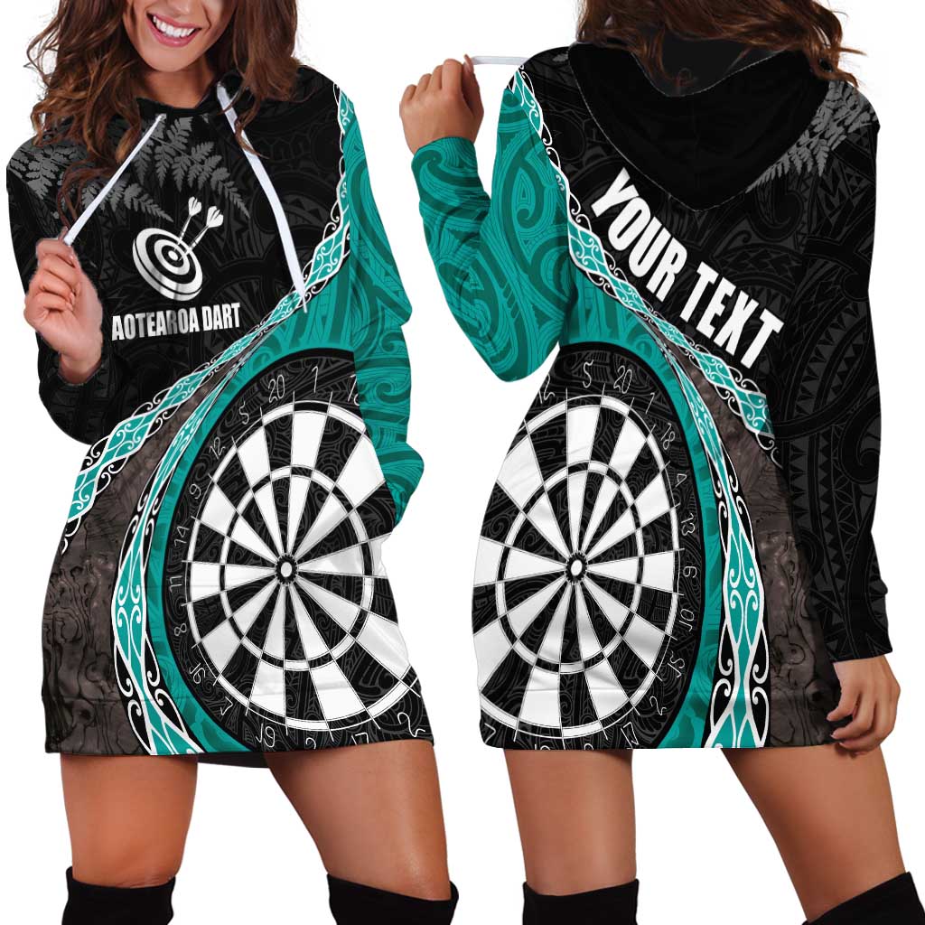Personalised New Zealand Darts Hoodie Dress Koru Tribal Tattoo and Silver Fern Maori Pattern Teal Color LT03 - Polynesian Pride