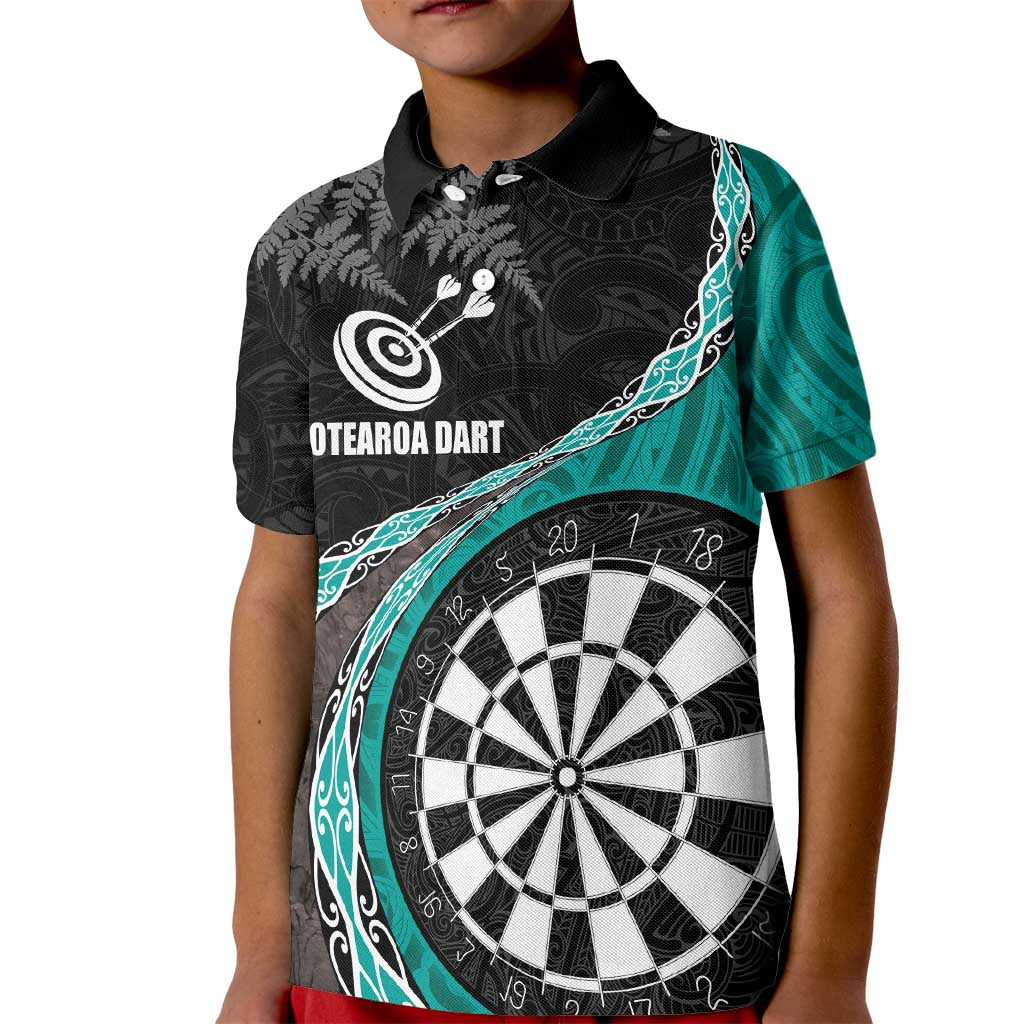 Personalised New Zealand Darts Kid Polo Shirt - Koru Tribal Tattoo and Silver Fern Maori Pattern Teal LT03 Kid Teal - Polynesian Pride