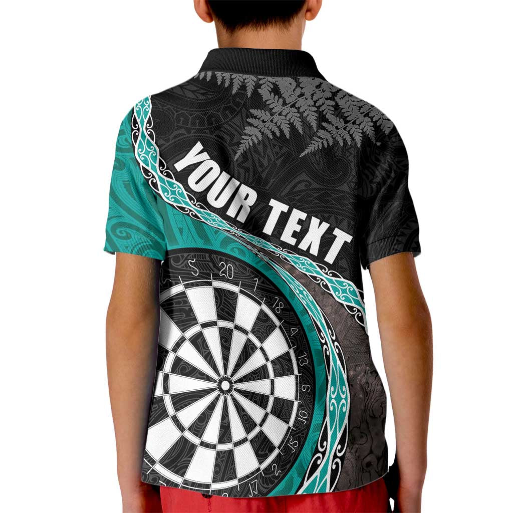 Personalised New Zealand Darts Kid Polo Shirt - Koru Tribal Tattoo and Silver Fern Maori Pattern Teal LT03 - Polynesian Pride