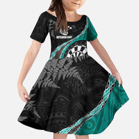 Personalised New Zealand Darts Kid Short Sleeve Dress Koru Tribal Tattoo and Silver Fern Maori Pattern Teal Color LT03 KID Teal - Polynesian Pride